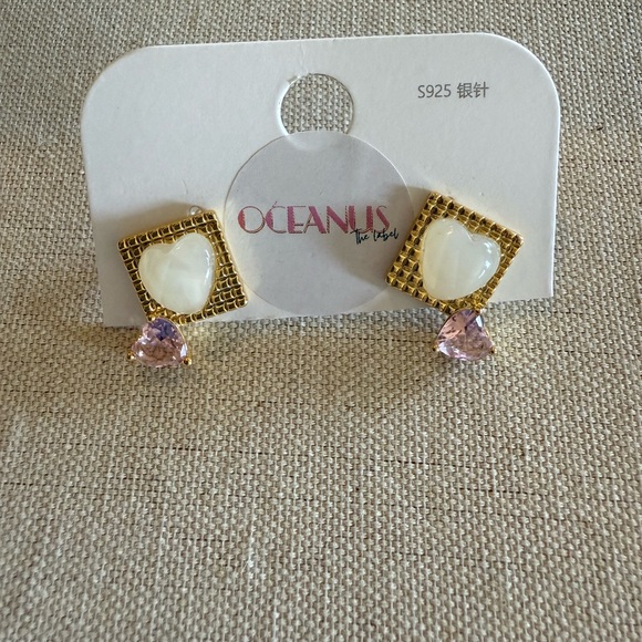 Oceanus Jewelry - Oceanus Gold Tone Heart & Pink Crystal Earrings S925 Posts